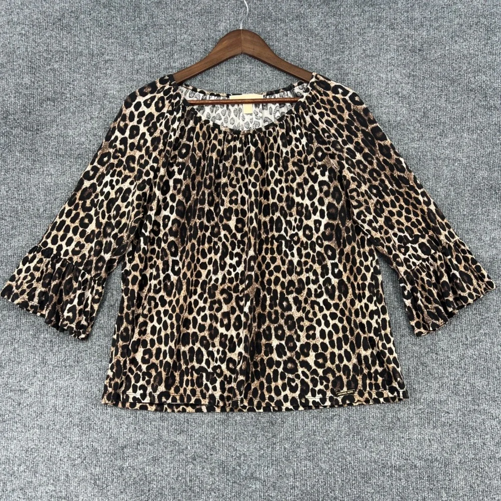 Michael Kors Leopard Print Blouse Womens Large Brown Bell Sleeve Animal Print